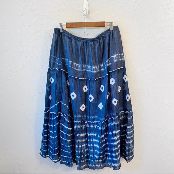 Vintage Nordic Traders Blue Geometric Tiered Hippie Boho Midi Skirt XL Coastal - Picture 1 of 5
